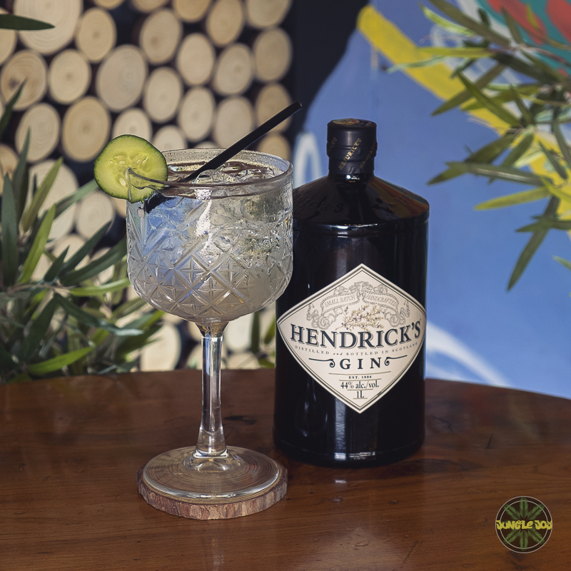 visually appealing setup showcasing a bottle of Hendrick's Gin placed next to a margarita bowl glass filled with a tantalizing mix of gin, tonic, ice, and a cucumber slice garnish. The arrangement is presented on a wooden table, accompanied by a blurred background and lush green plants in each corner.