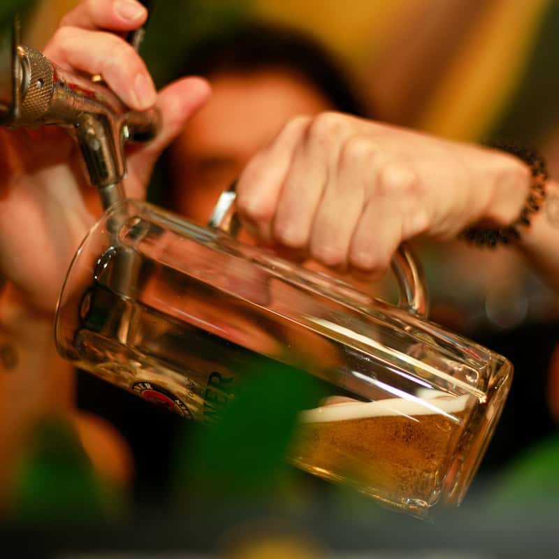 Bartender Pouring Draft Beer into Pint Glass at Jungle Joy Bar